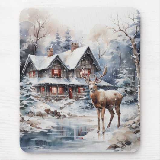 Winter Waterverf Scene - Herten en Cottage Muismat (Voorkant)