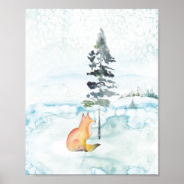 Winter Waterverf Scene Red Fox Tekening Poster