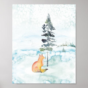 Winter Waterverf Scene Red Fox Tekening Poster
