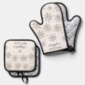 Winter Waterverf sneeuwvlokken monogram Ovenwant & Pannenlap Set (Voorkant / Achterkant)