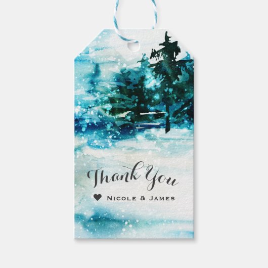 Winter Waterverf Snowy Forest Pine Trees Wedding Cadeaulabel (Voorkant)