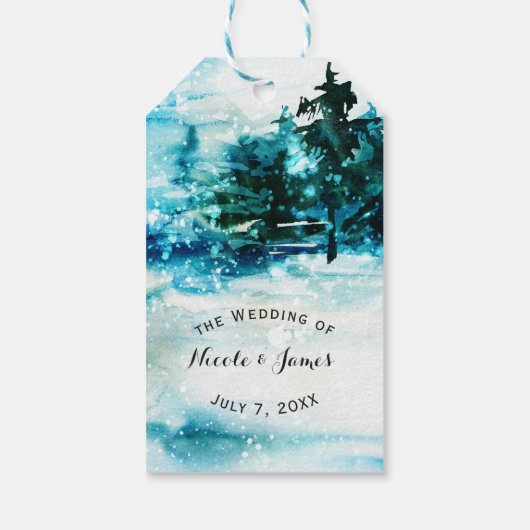 Winter Waterverf Snowy Forest Pine Trees Wedding Cadeaulabel (Achterkant)