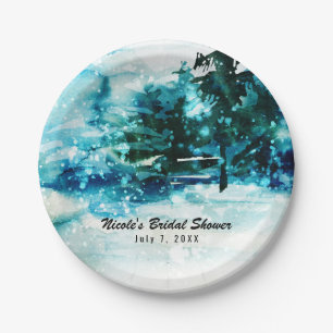 Winter Waterverf Snowy Forest Pine Trees Wedding Papieren Bordje