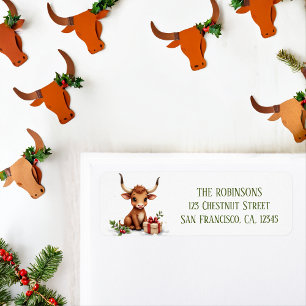 Winter Waterverf Texas Longhorn Kalf Gift Etiket