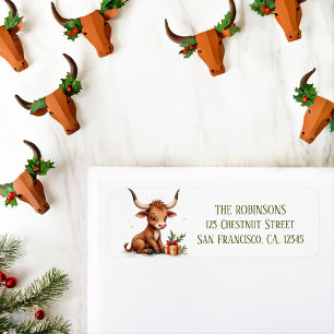 Winter Waterverf Texas Longhorn Kalf Gift Etiket
