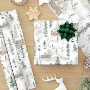 Winter Waterverf Woodland Forest Cabins Cadeaupapier