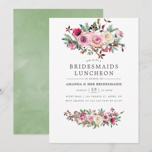 Winter Weddenschap Bridesmaids Luncheon Floral Inv Kaart (Voorkant / Achterkant)