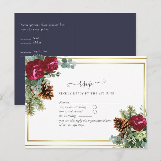 Winter Weddenschap Burgundy Rozen Eucalyptus Briefkaart (Voorkant / Achterkant)