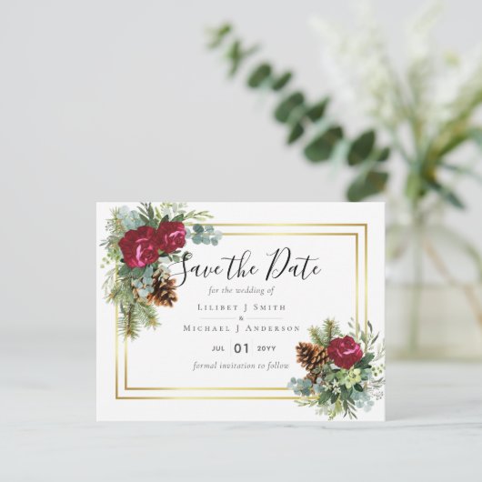 Winter Weddenschap Burgundy Rozen Eucalyptus Briefkaart (Staand voorkant)