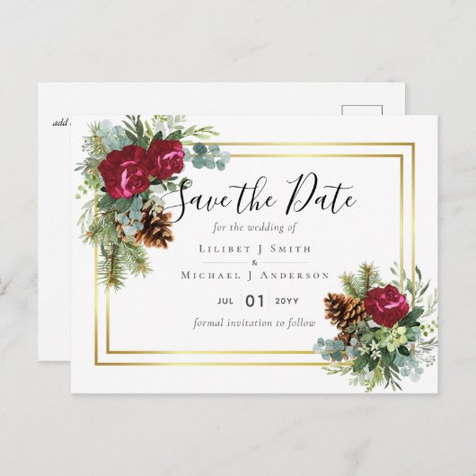 Winter Weddenschap Burgundy Rozen Eucalyptus Briefkaart (Voorkant / Achterkant)