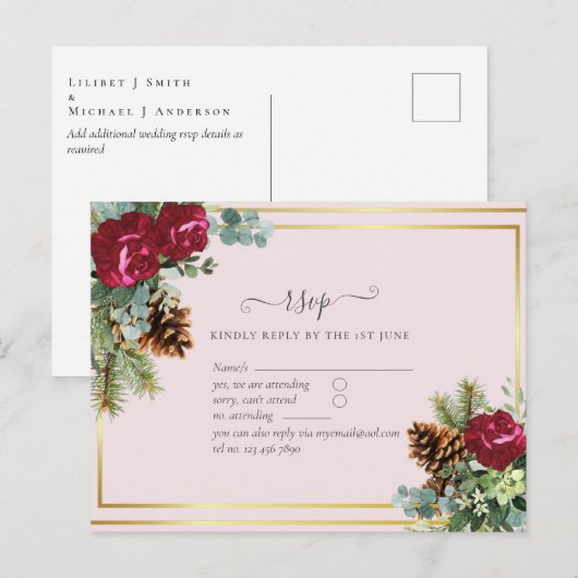 Winter Weddenschap Burgundy Rozen Eucalyptus Briefkaart (Voorkant / Achterkant)