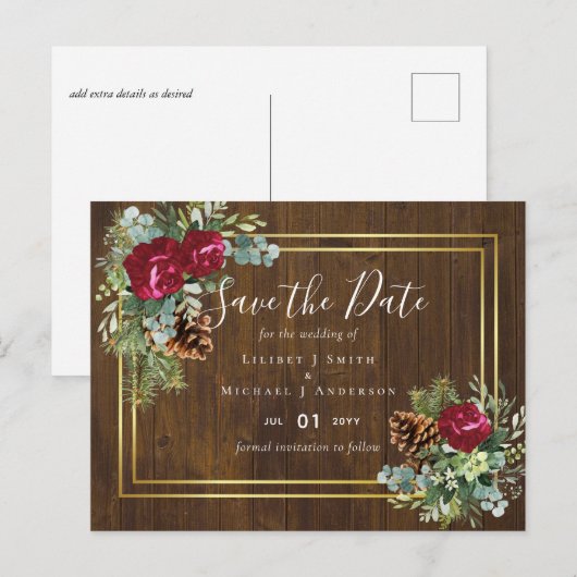 Winter Weddenschap Burgundy Rozen Eucalyptus Briefkaart (Voorkant / Achterkant)