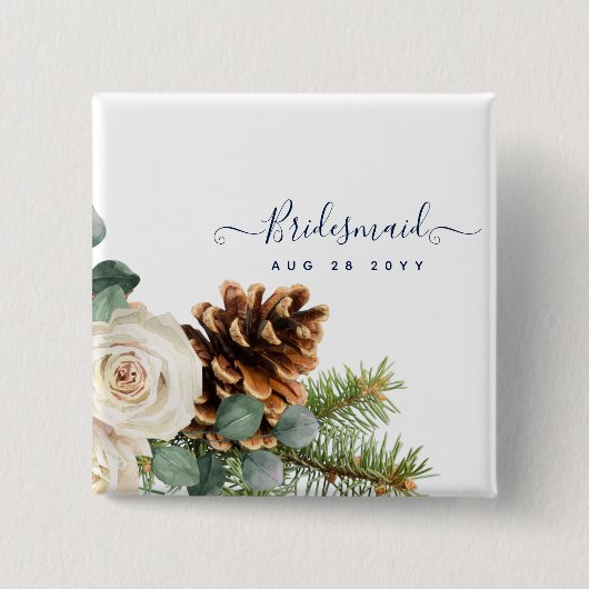 Winter Weddenschap Eucalyptus Greenery White Roses Vierkante Button 5,1 Cm (Voorkant)