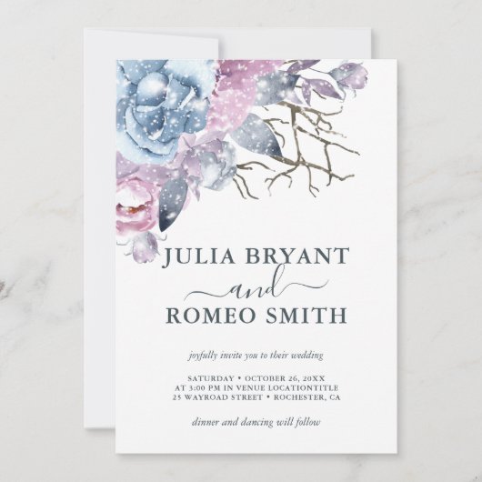 Winter Weddenschap Floral Sneeuwuitnodiging Kaart (Voorkant)