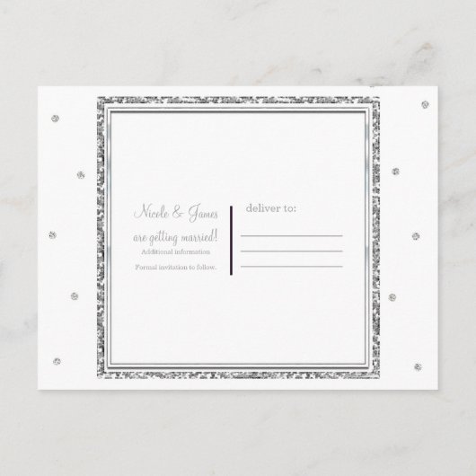 Winter Weddenschap Glam Silver & White Save the Da Aankondigingskaart (Achterkant)