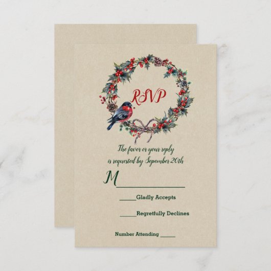 Winter Weddenschap Kerstmis Holly Berry Bird Kaart (Voorkant / Achterkant)