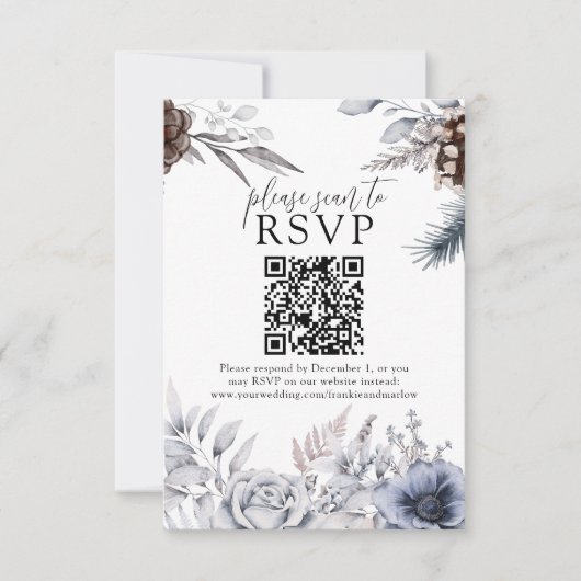 Winter Weddenschap Pine Cone QR Website RSVP Card Kaartje (Voorkant)