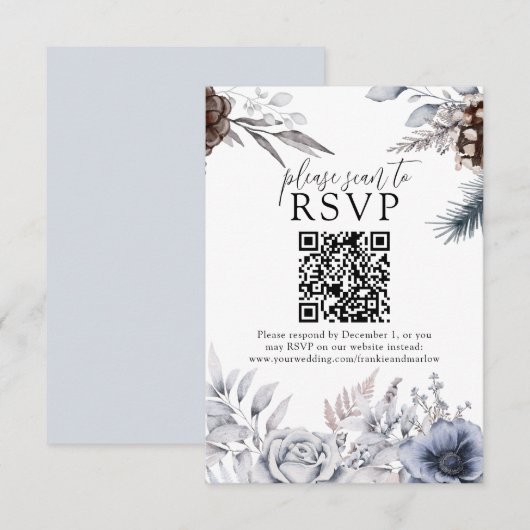 Winter Weddenschap Pine Cone QR Website RSVP Card Kaartje (Voorkant / Achterkant)