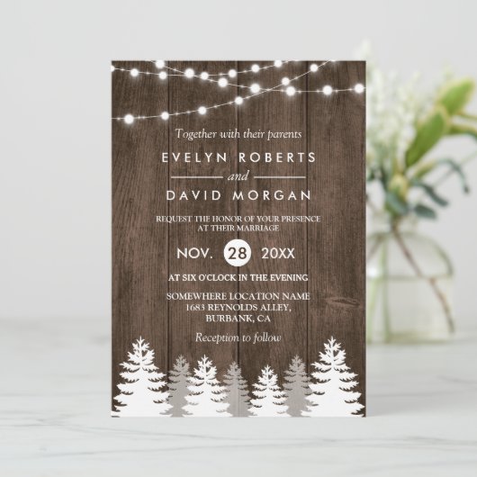 Winter Weddenschap Rustic Wood String Lights Pine  Kaart (Staand voorkant)