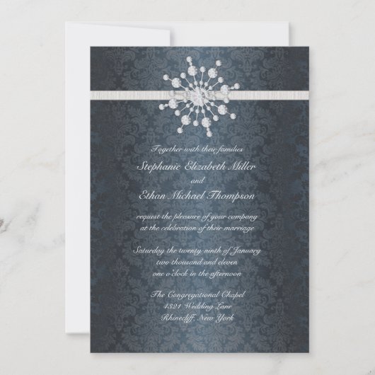 Winter Weddenschap Snowflake Blue Damask Kaart (Voorkant)