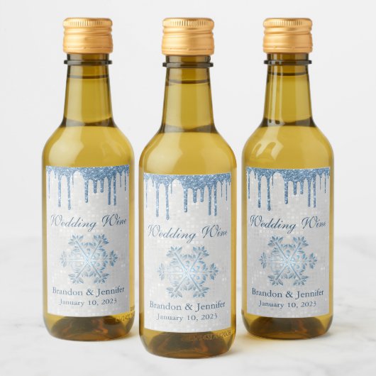 Winter Weddenschap Snowflake en Blue Glitter Favor Wijn Etiket (Flessen)