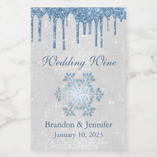 Winter Weddenschap Snowflake en Blue Glitter Favor Wijn Etiket (Enkel label)