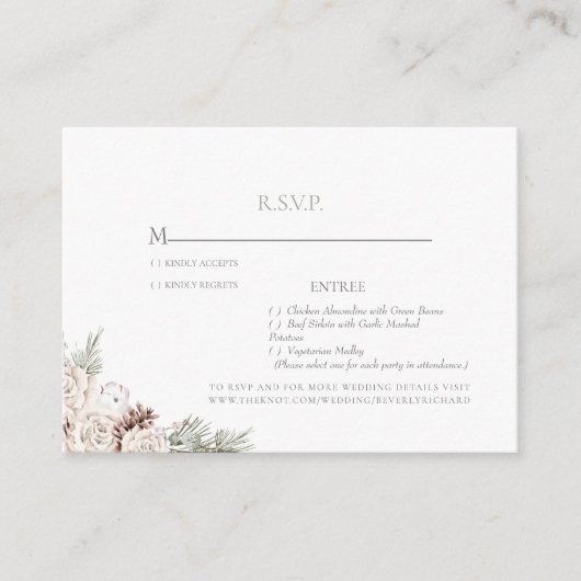 Winter Weddenschap White Floral Sage RSVP Informatiekaartje (Voorkant)