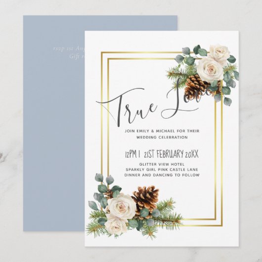 Winter Weddenschap White Roses Gold Dusty Blue (Voorkant / Achterkant)