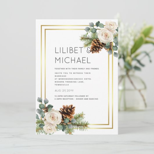 Winter Weddenschap White Roses Gold Dusty Blue Kaart (Staand voorkant)