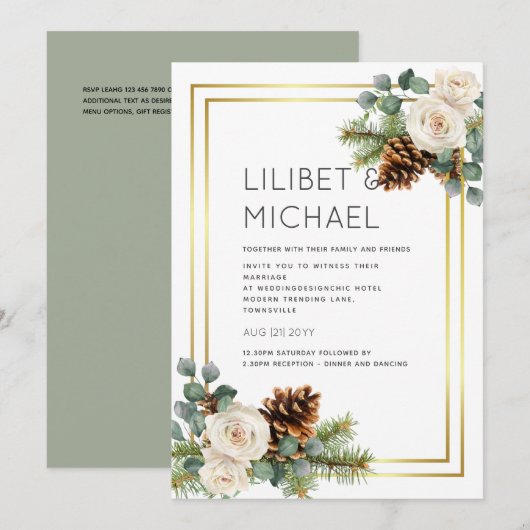 Winter Weddenschap White Roses Gold Dusty Blue Kaart (Voorkant / Achterkant)