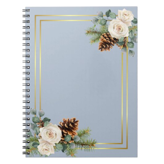 Winter Weddenschap White Roses Gold Dusty Blue Notitieboek (Voorkant)