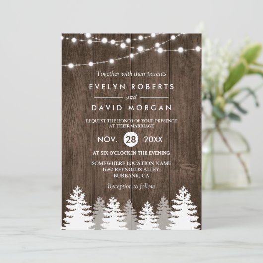 Winter Weddenschap Wood String Lights Pine Uitnodi Save The Date (Staand voorkant)