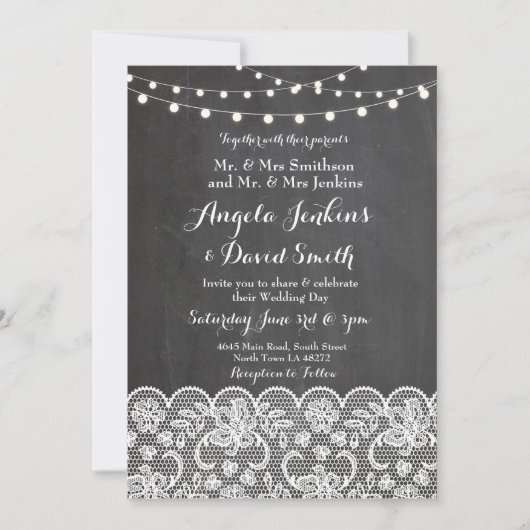 Winter Weddenschappen Chalkboard Lace Party Invite Kaart (Voorkant)