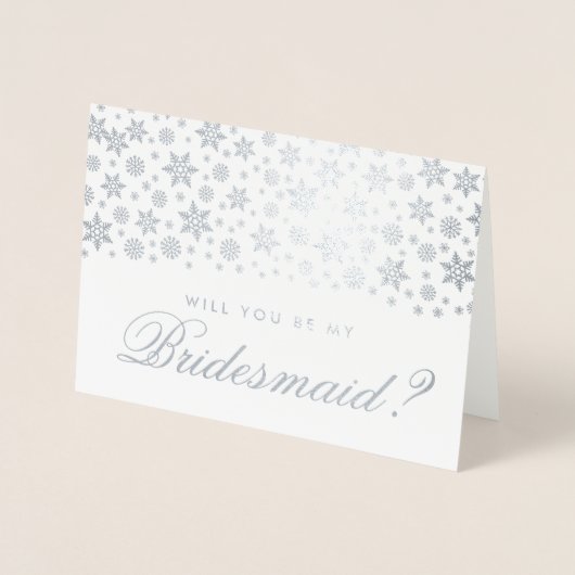 Winter Wedding Be My Bridesmaid Zilveren Sneeuwvlo Folie Kaarten (Voorkant)