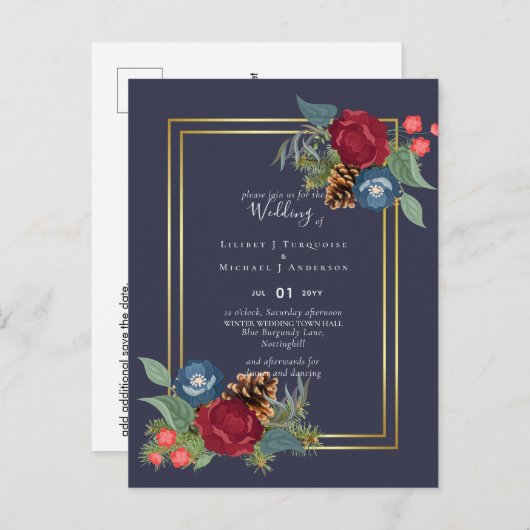 Winter Wedding Burgundy Blauwgroen Blue Modern Briefkaart (Voorkant / Achterkant)