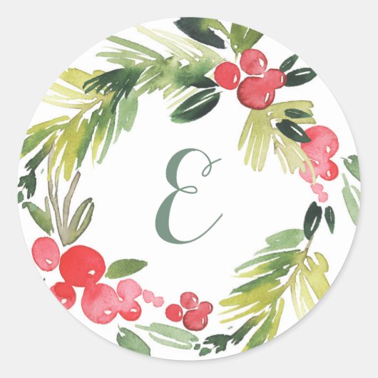 Winter Wedding Floral Waterverf Wreath | Monogram Ronde Sticker (Voorkant)