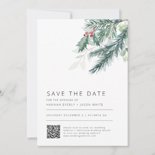 Winter Wedding Greenery QR Code Bewaar de datum Kaart (Voorkant)