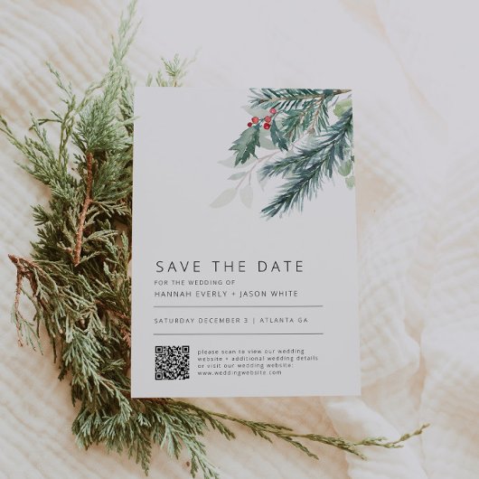 Winter Wedding Greenery QR Code Bewaar de datum Kaart