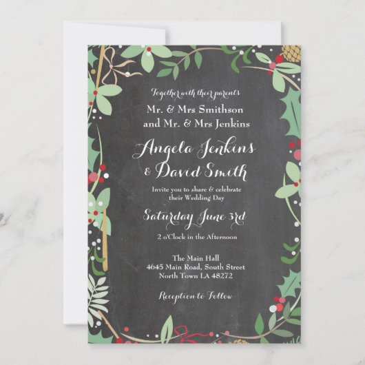 Winter Wedding Holly Chalk Holiday Party Invite Kaart (Voorkant)