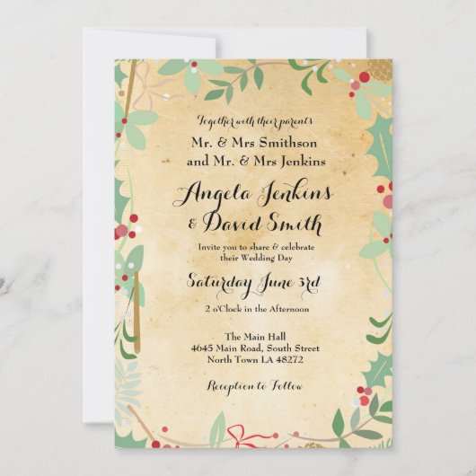 Winter Wedding Holly Paper Holiday Party Invite Kaart (Voorkant)