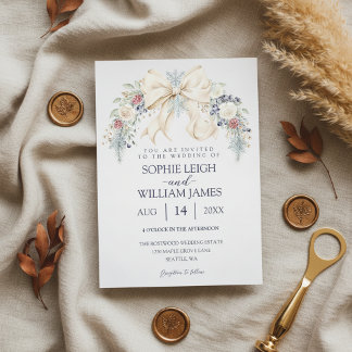 Winter Wedding Invitation with Cream Bow and Flora Kaart