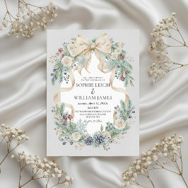 Winter Wedding Invitation with Cream Bow and Flora Kaart