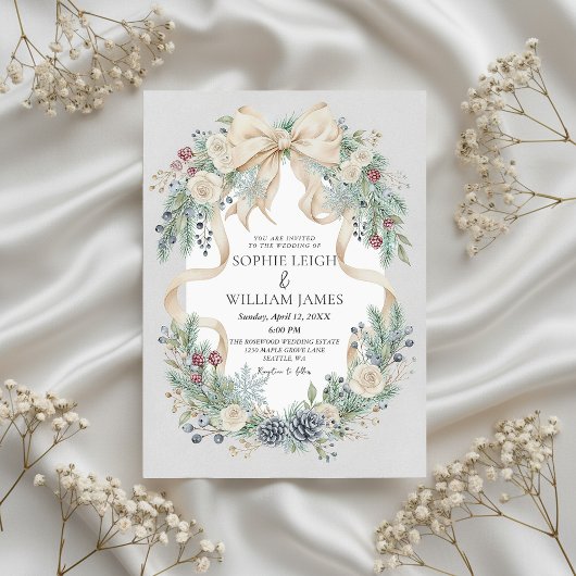 Winter Wedding Invitation with Cream Bow and Flora Kaart