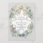 Winter Wedding Invitation with Cream Bow and Flora Kaart (Voorkant)