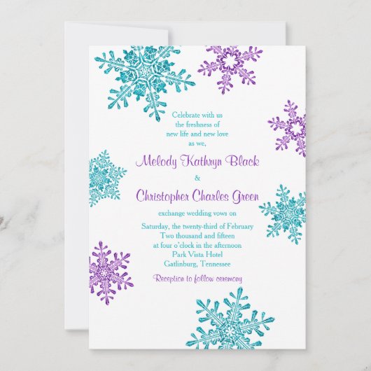 Winter Wedding Invite | Paarse Turquoise Snowflake Kaart (Voorkant)