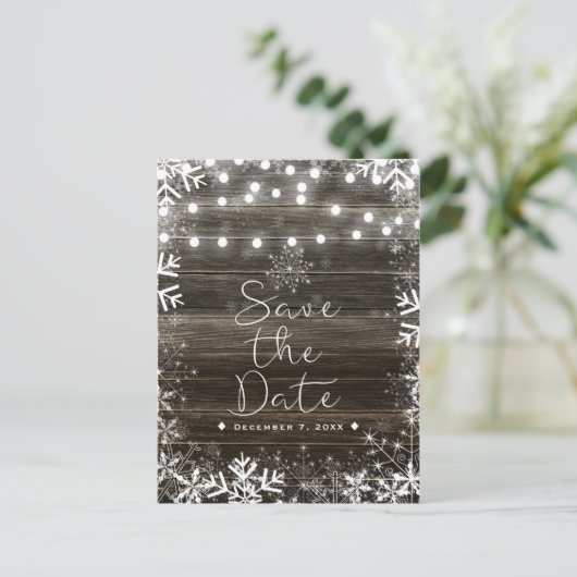 Winter Wedding Lights & Snowflakes Bewaar de datum Aankondigingskaart (Staand voorkant)