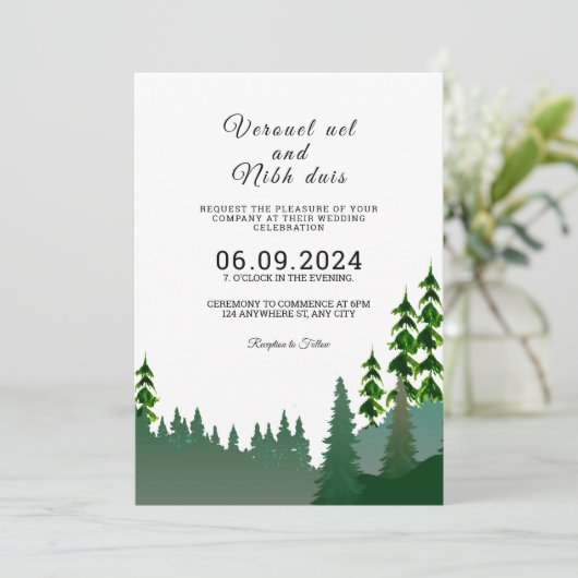 Winter Wedding Mountain Trees Invitation Kaart (Staand voorkant)