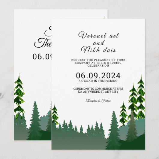 Winter Wedding Mountain Trees Invitation Kaart (Voorkant / Achterkant)