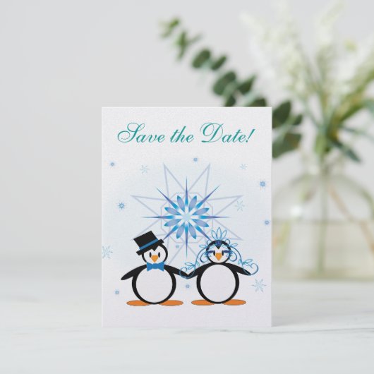 Winter Wedding Penguins Save the Date (Staand voorkant)