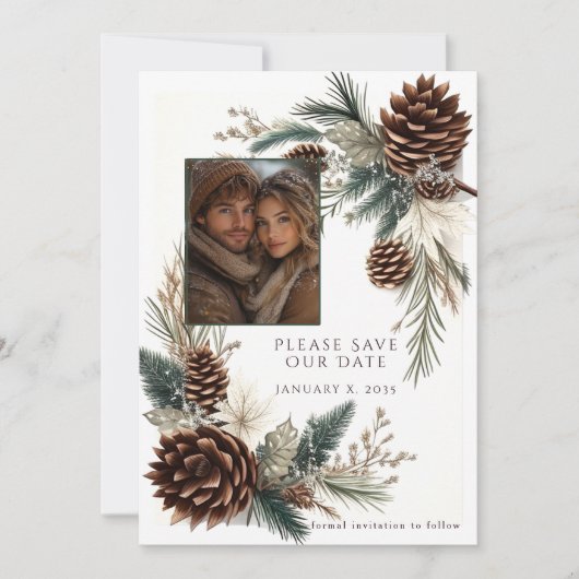 Winter Wedding Pine Cones Pine Needles Save The Date (Voorkant)